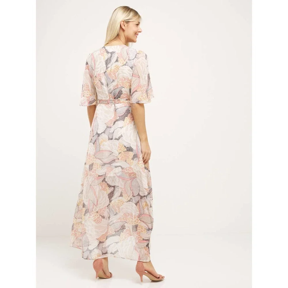 Molly Bracken Maxi Dress Medium Pink Lotus Floral Print Wrap Short Sleeve NWT - Picture 4 of 13